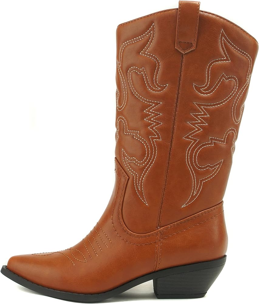 Soda RENO ~ Women Western Cowboy Stitched Pointe Toe Low Heel Ankle Mid Shaft Fashion Boots