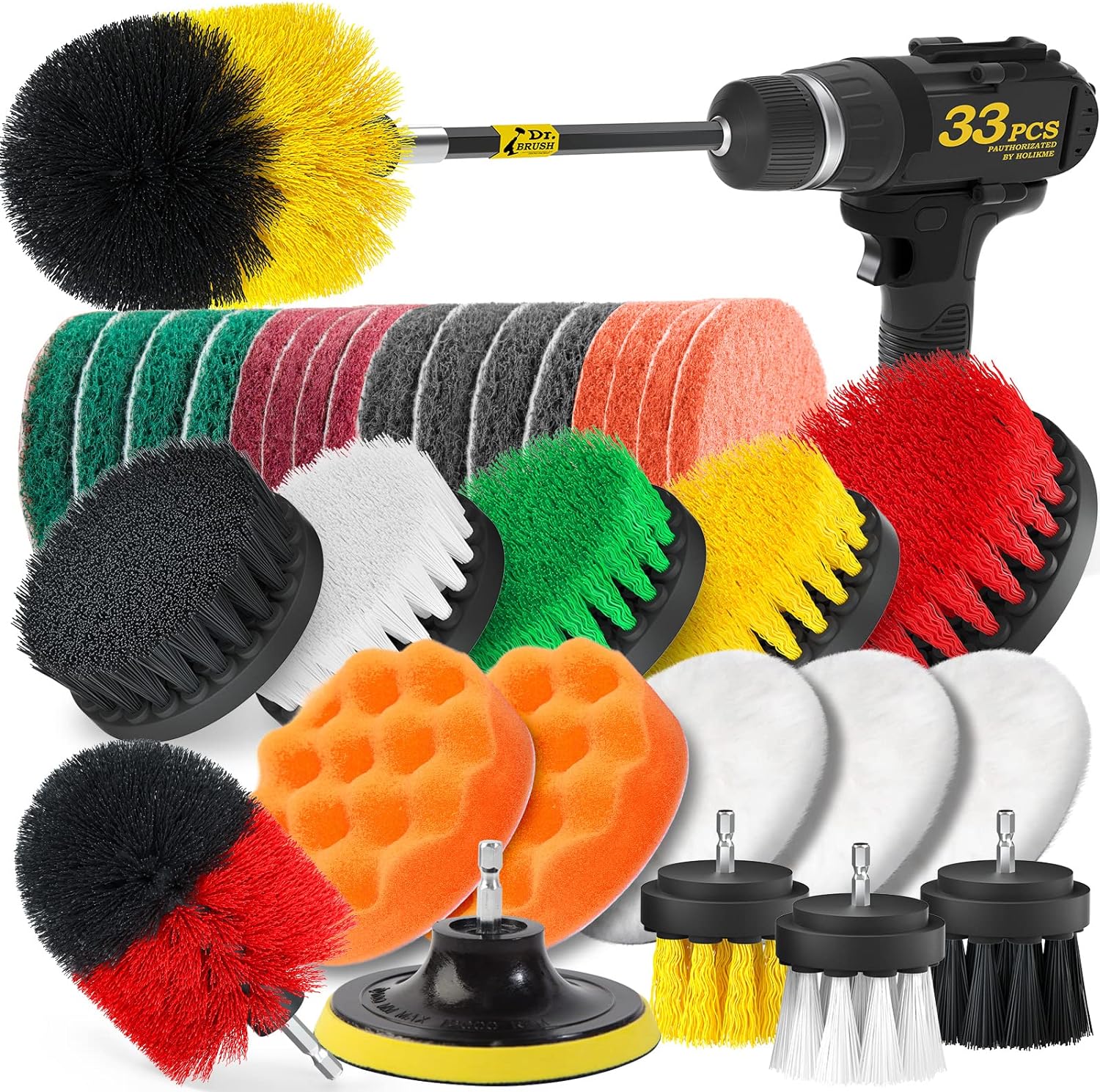 Holikme 33piece Drill Brush Attachments Set, Scrub Pads Sponge, Power Scrubber Brush with Rotate Extend Long Attachment All purpose Clean for Grout, Tiles, Sinks, Bathtub, Bathroom, Kitchen Automobile