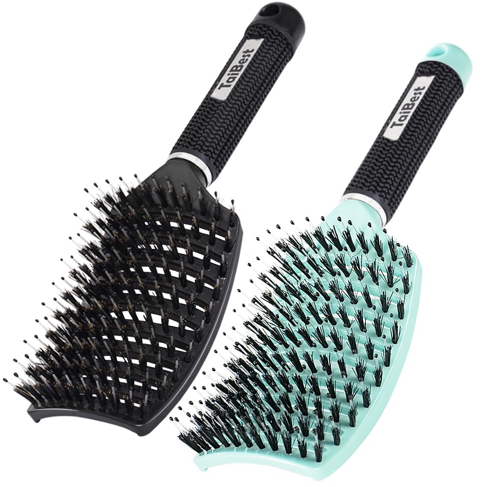 Boar Bristle Hair Brush Set - Dry/Wet Hair Brush Detangler for Fine, Thick, Curly Hair - Curved and Vented Hair Brush for Women, Men or Kids