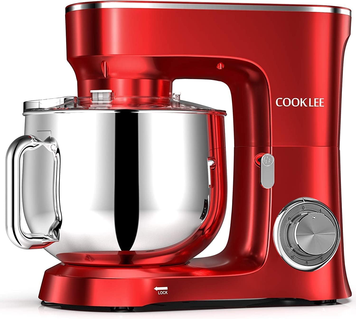 COOKLEE Stand Mixer, 9.5 Qt. 660W 10-Speed Electric Kitchen Mixer with Dishwasher-Safe Dough Hooks, Flat Beaters, Wire Whip & Pouring Shield Attachments for Most Home Cooks, SM-1551, Ruby Red