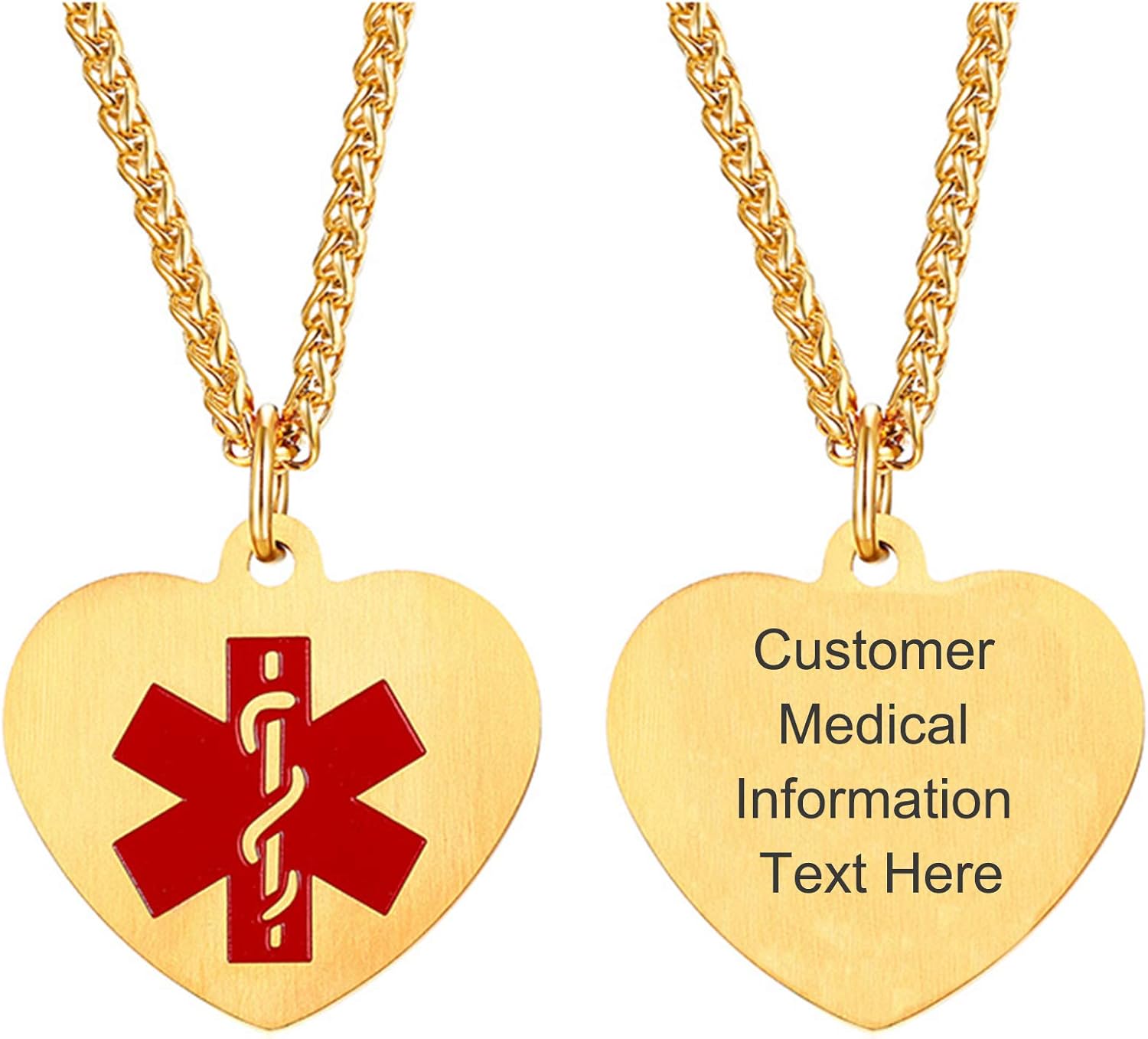 MEALGUET JEWELRY PERSONALIZED Custom Stainless Steel Heart Shape Medical Alert ID Pendant Necklace for Women or Girl with Chain