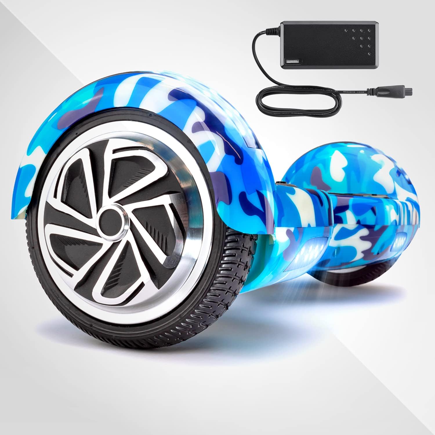 Blue Camo Hoverboard | 2X the Ride Time. Latest Model w/Durable Aluminum Wheels (NOT Plastic). Built for Kids & Adults up to 220lbs with Bluetooth, Fun LED Lights, and Carrying Case