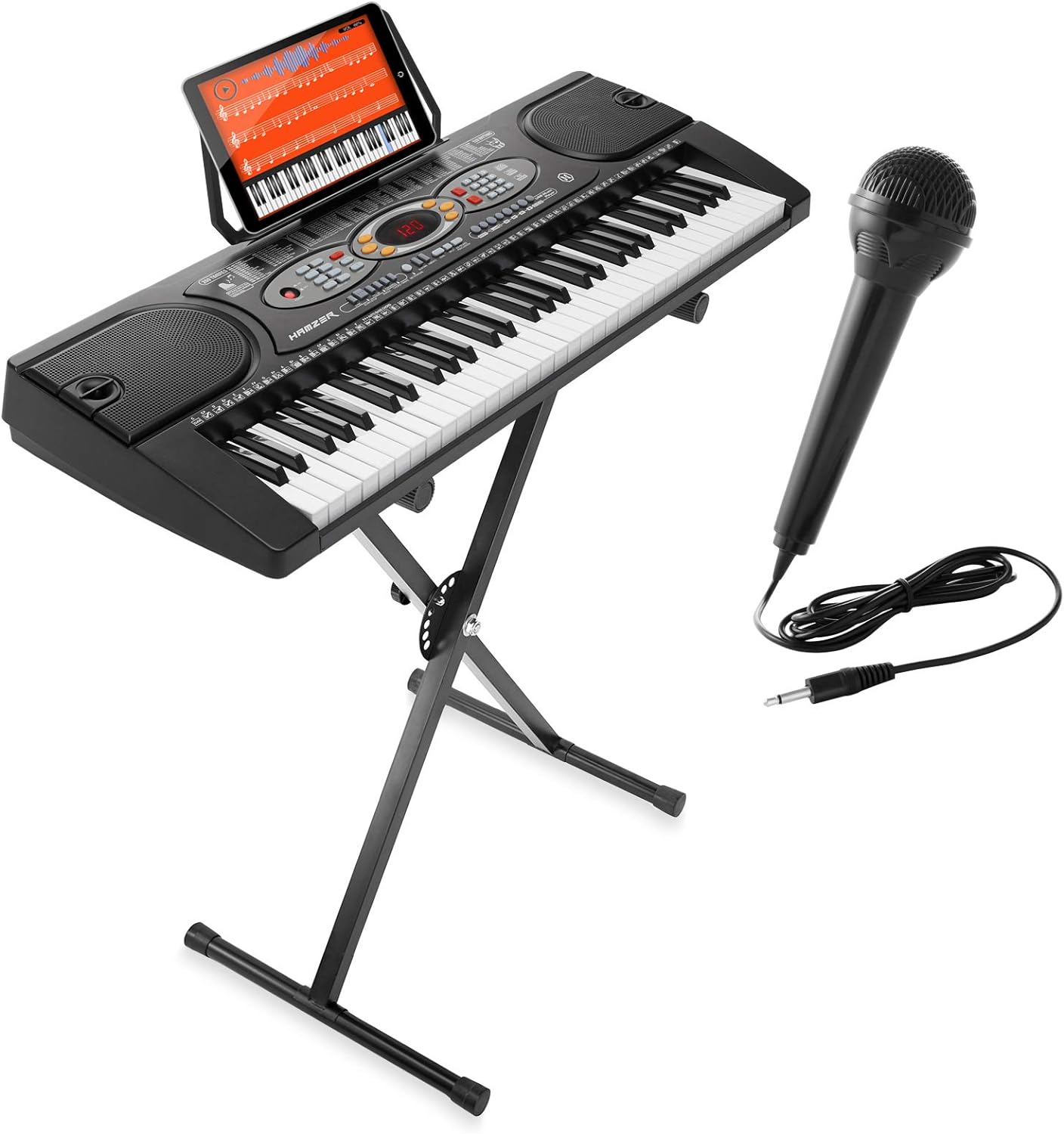 Hamzer 61-Key Electronic Keyboard Portable Digital Music Piano with X-Stand, Microphone & Sticker Set