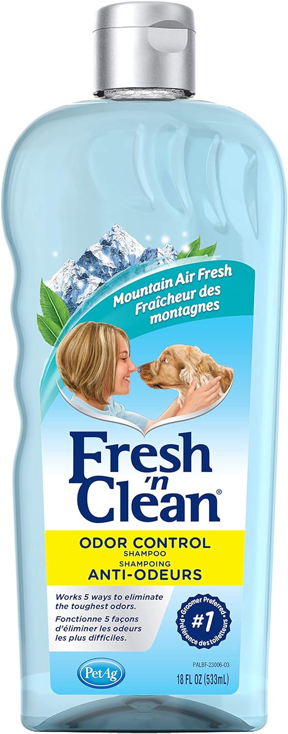 PetAg Fresh 'n Clean Odor Control Dog Shampoo - Mountain Air Fresh Scent - Patented Skunk-Off Technology - 18 fl oz