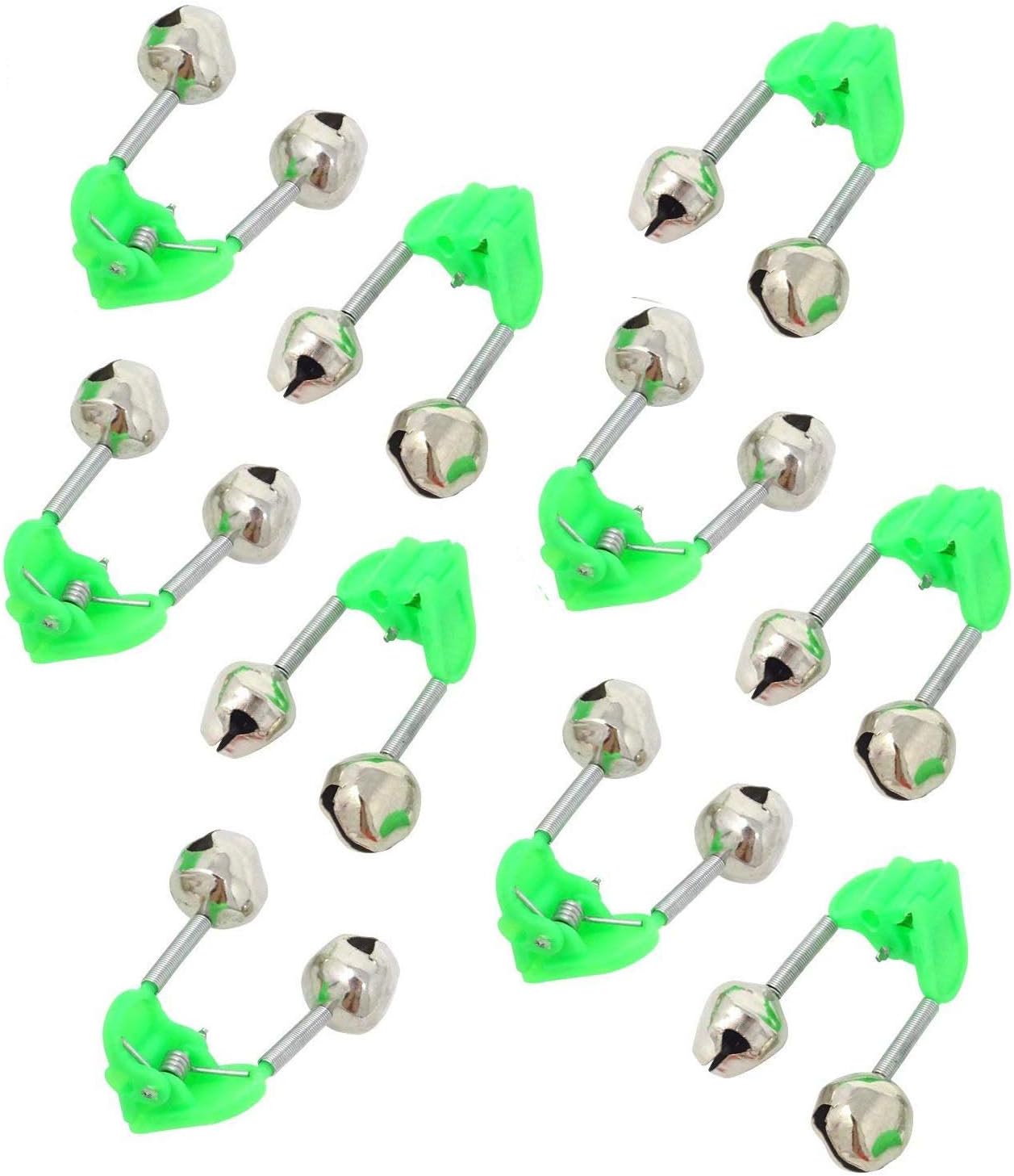 10 Pcs Fishing Rod Extra Loud Alarm Dual Alert Bell Green Silver Tone