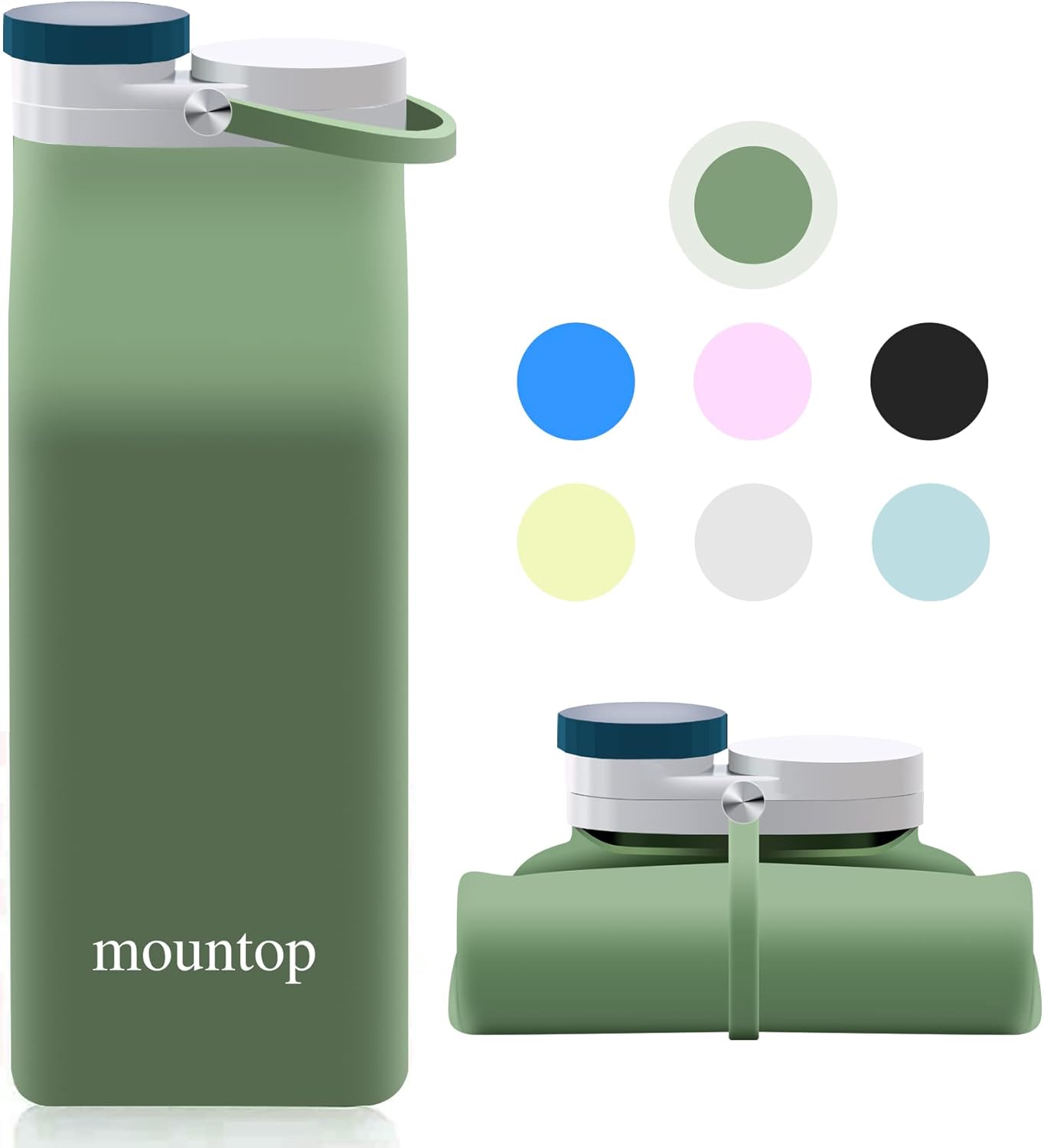 mountop Collapsible Water Bottle, Portable Food Grade Silicone Foldable Travel Reusable Leak Proof Water Bottles for Traveling Running Fitness BPA Free, 20oz, Green