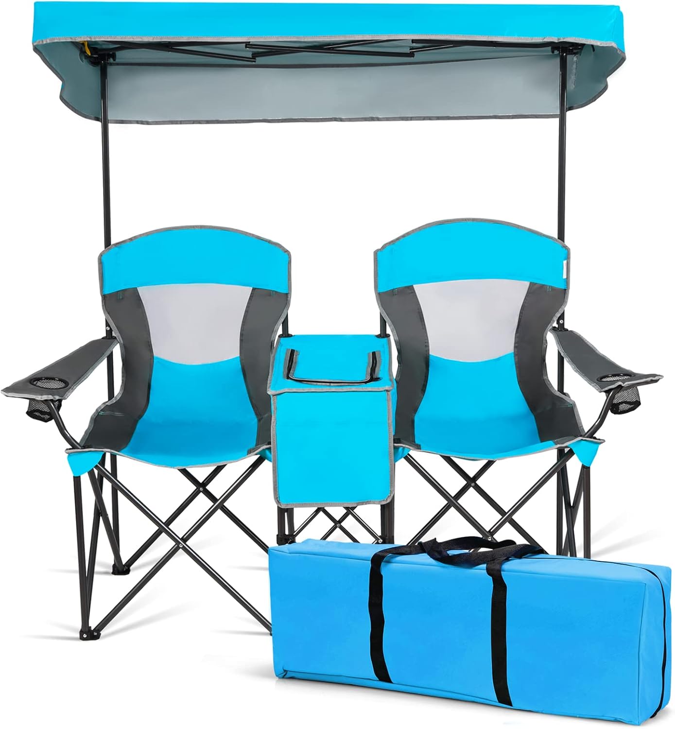 DORTALA Double Camping Chair with Canopy, 2 Person Folding Beach Chair with Canopy Shade, Table Beverage Holder and Storage Bag, Double Rocker Chair Outdoor for Camping, Beach, Picnic, Blue