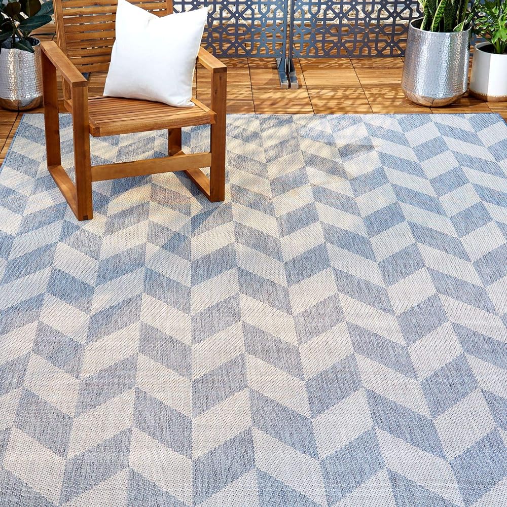 Nicole Miller New York Patio Country Calla Contemporary Herringbone Indoor/Outdoor Area Rug, Blue/Grey, 7'9"x10'2"