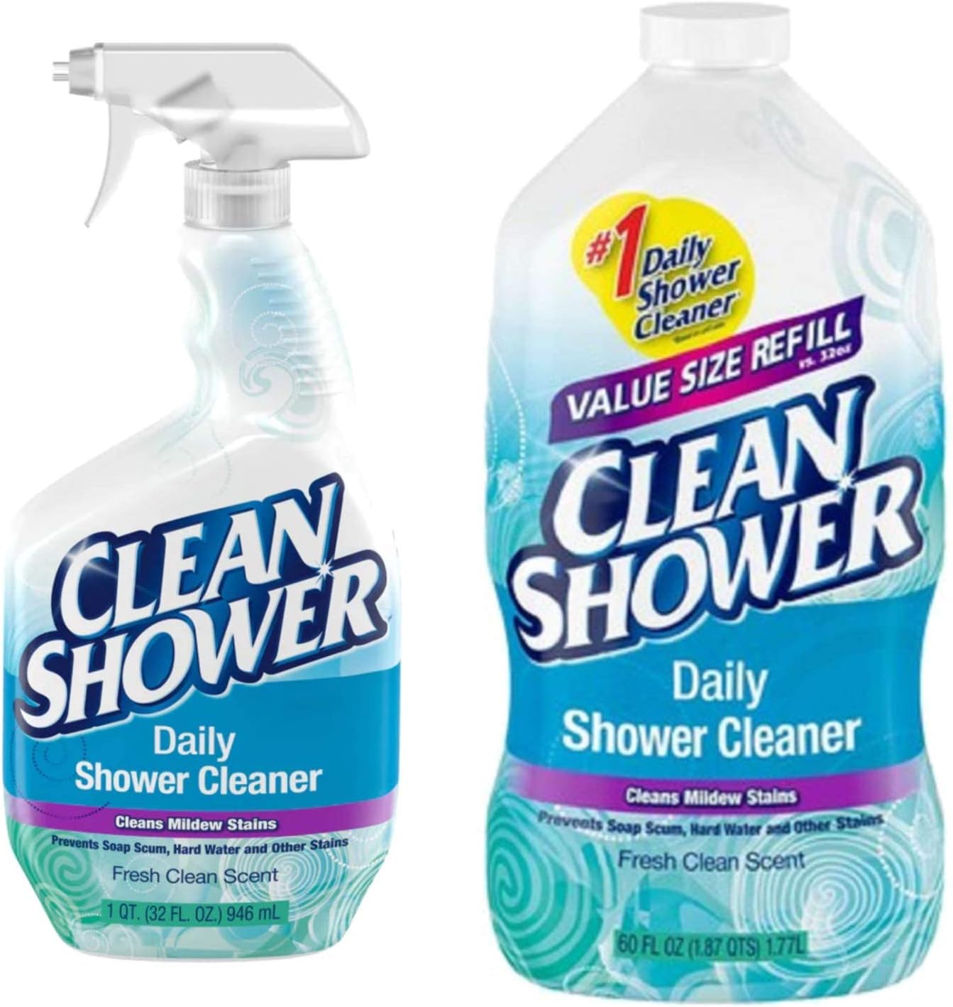 Clean Shower, Daily Shower Cleaner - No Scrub Bundle Pack [32oz. Spray Bottle & 60oz. Refill Bottle]