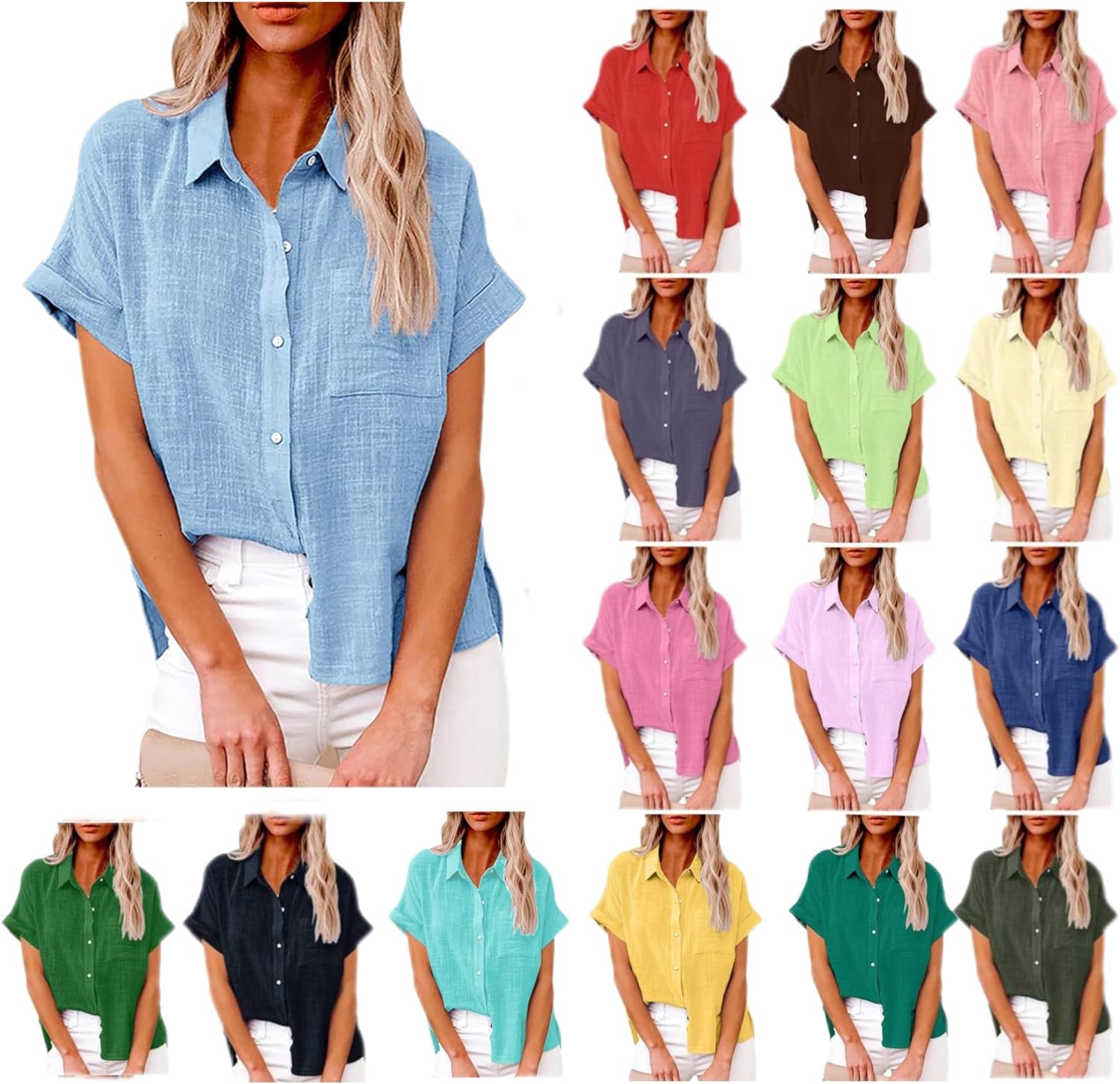 DASAYO Linen Shirts for Women Trendy Short Sleeve Collared Button Down Solid Ladies Tops and Blouses Summer Clothes 2024