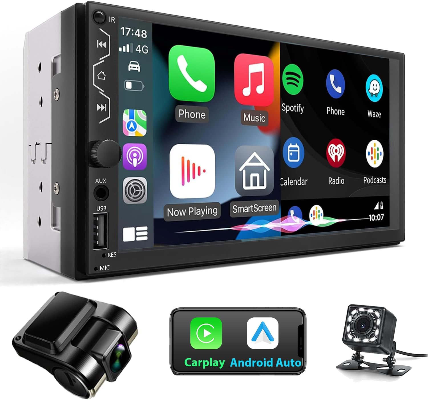 Double Din Car Stereo with Dash Cam,Compatible with Apple Carplay,Android Auto,7 inch Touch Screen Car Radio with Backup Camera Bluetooth Support Mirror Link Navigation FM Radio