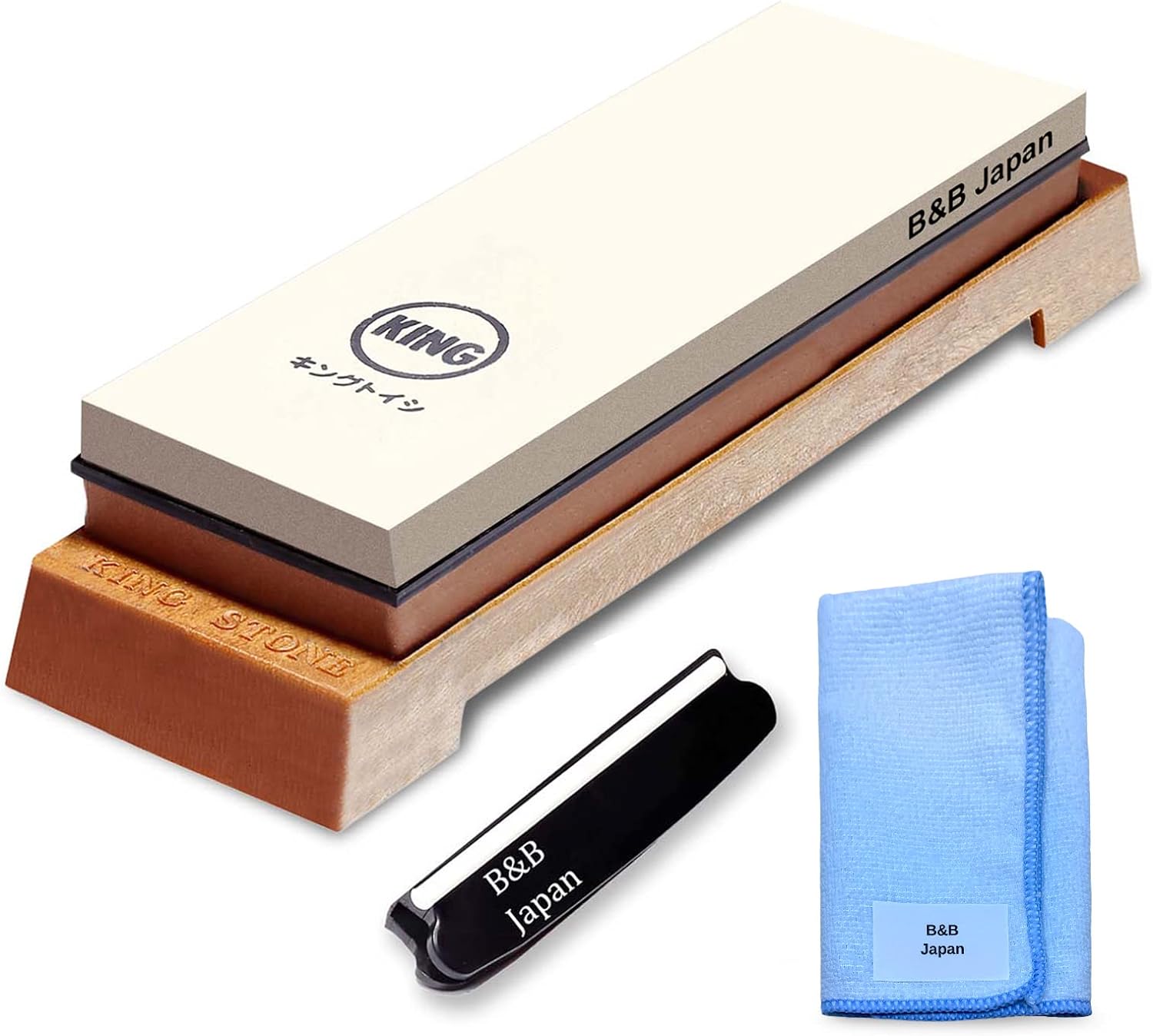 KING Whetstone Starter Set Include 1000/6000 Grit Combination Whetstone made in Japan, Knife Angle Holder, B&B Japan Original Wiping Cloth and Stable Plastic Base