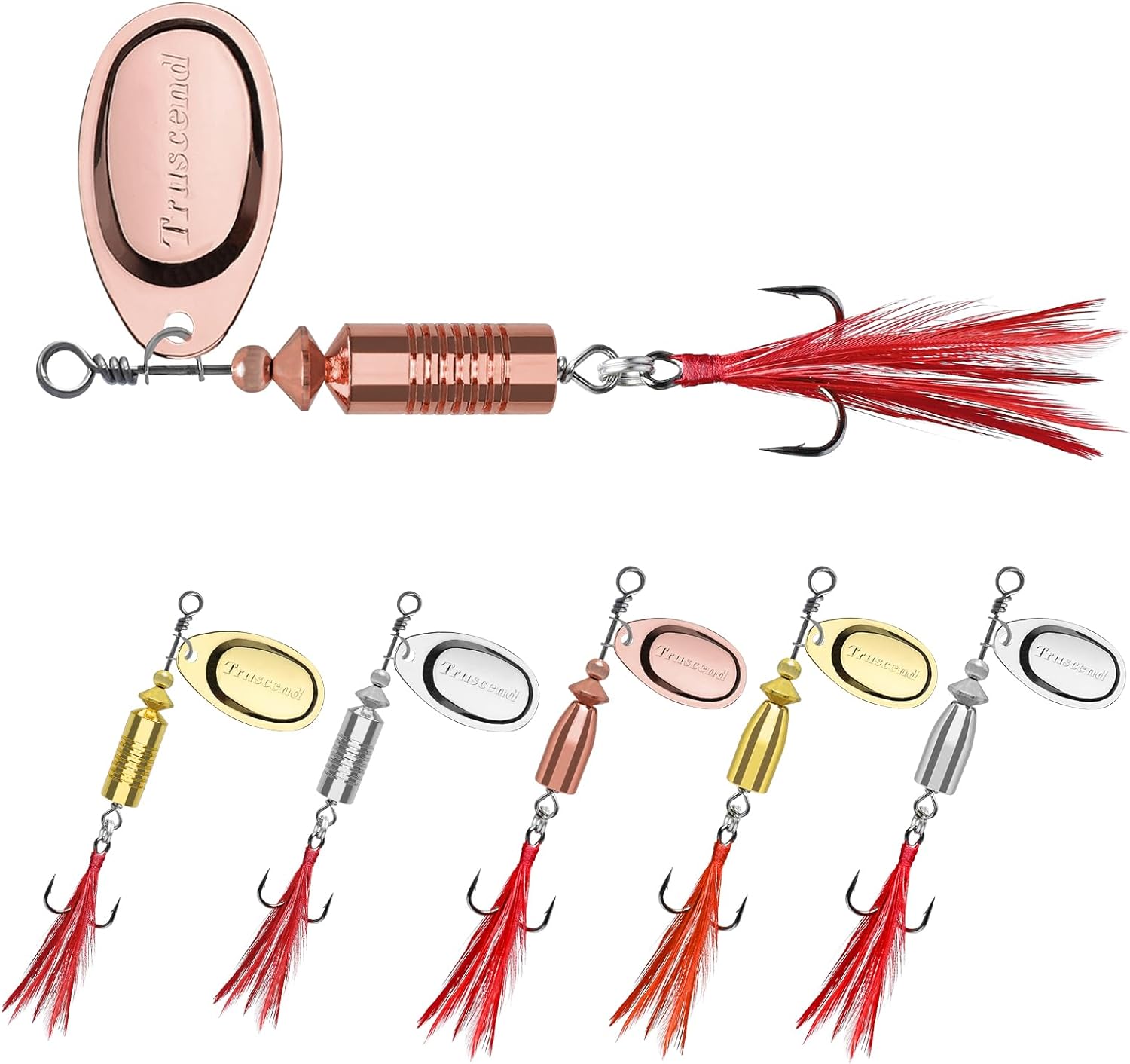 TRUSCEND Two-Way Spinning Spoons System Fishing Spinners for Jigging, Well-Made Rooster Tail Fishing Lures with Flash Copper Body and Blade, Freshwater Crappie Jigs, Blade Bait for Bass Trout Walleye