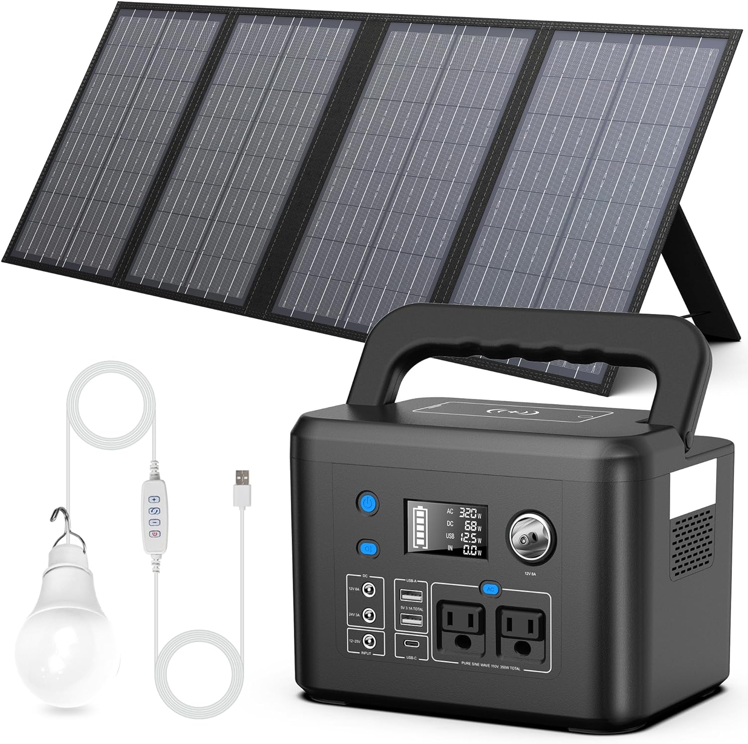 Powkey 350W Solar Generator,60W Solar Panel and 10W USB LED Light Kit, 70,000mAh Power Bank with AC Outlets, 9 Outports Power Station for Outdoors Camping Travel Hunting Emergency