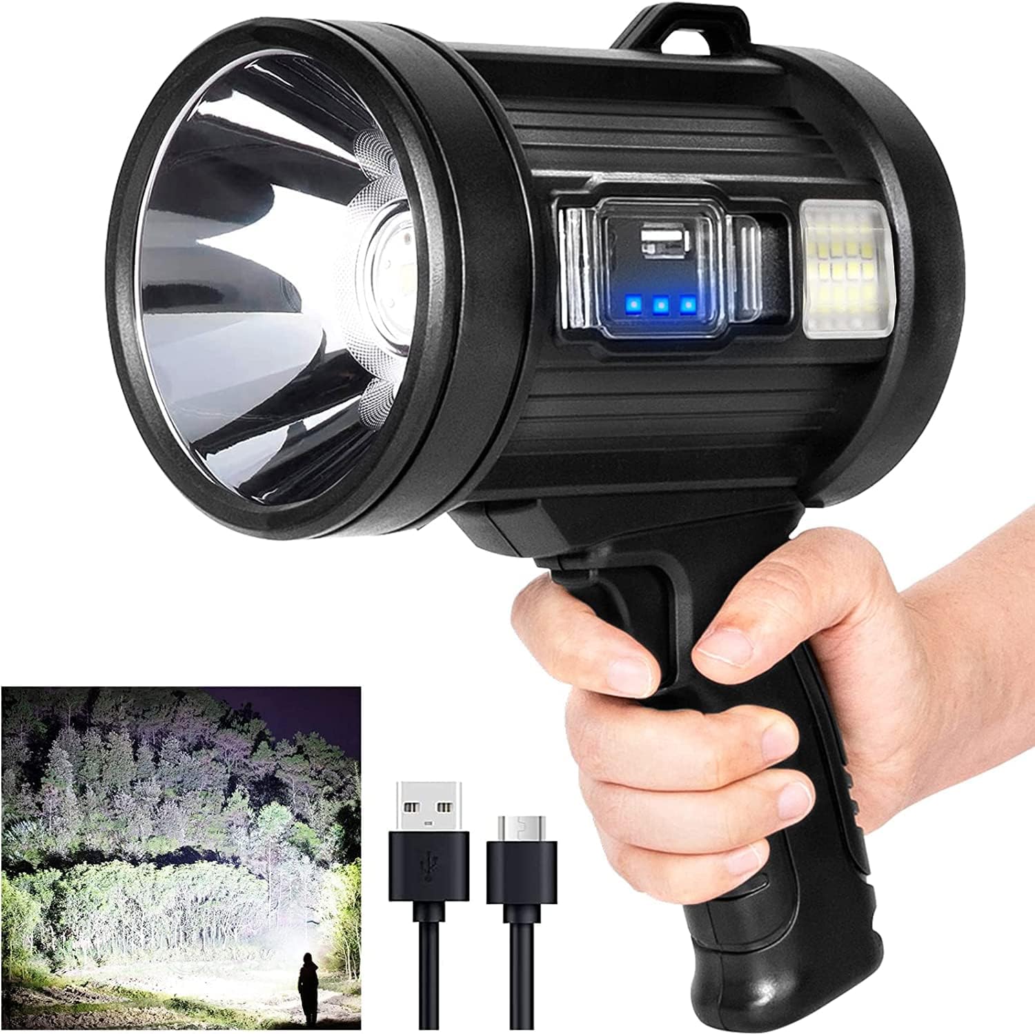 MIXILIN Rechargeable Spotlight, 1000,000 Lumens Handheld Hunting Flashlight Led Spot light with Cob Light and Solar Panels, Lightweight and Super Bright Spotlight for Hunting Boating Camping