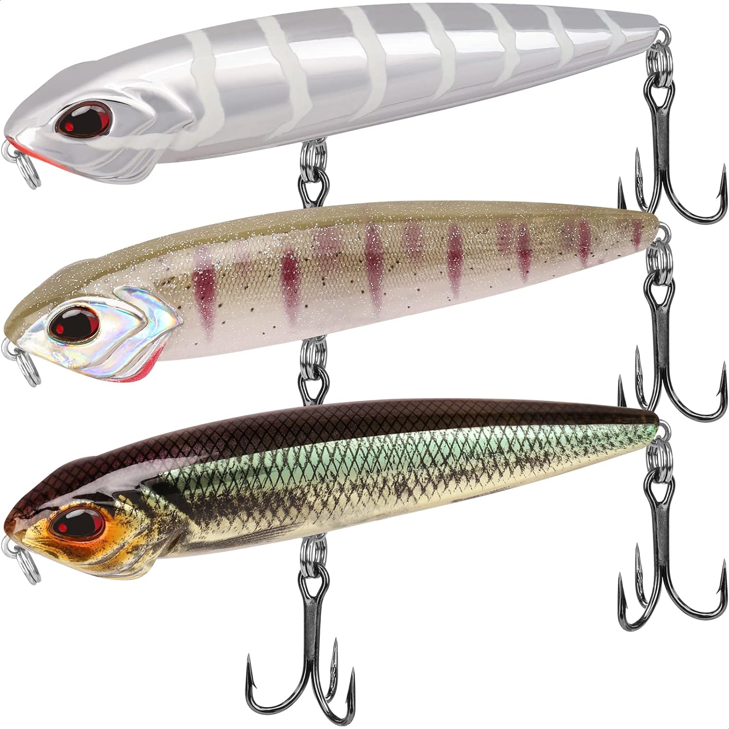 TRUSCEND Topwater Fishing Lures with BKK Hooks, Pencil Plopper Fishing Lures for Bass Catfish Pike Perch, Top Water Bass Bait Lure with Propeller Tail, Pencil Floating Lure