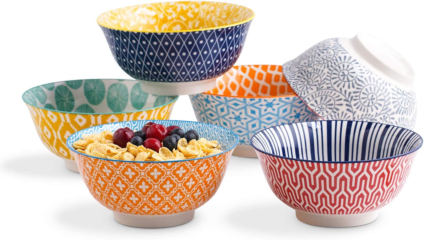 Selamica Porcelain 20oz Cereal Bowl Set - Set of 6, 6 inch Soup Bowls, Ceramic bowls for Cereal, Soup, Salad and Pasta, Colorful bowls, Gift Pack