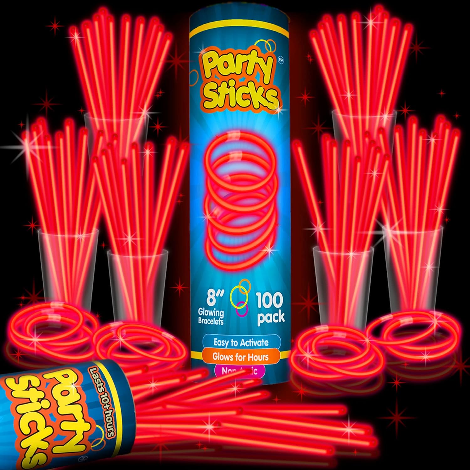 PartySticks Red Glow Sticks Party Supplies 100pk - 8 Inch Glow in The Dark Light Up Sticks Party Favors, Glow Party Decorations, Neon Party Glow Necklaces and Glow Bracelets with Connectors