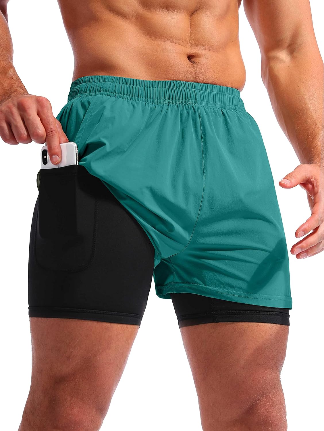 Pudolla Mens 2 in 1 Running Shorts 5 Quick Dry Gym Athletic Workout Shorts for Men with Phone Pockets