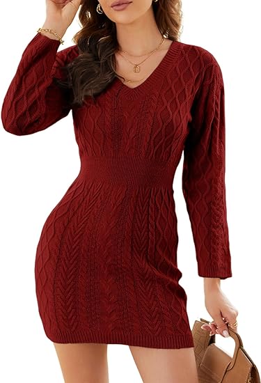 Dokotoo Women' 2024 Fall Sweater Dress Long Sleeve V Neck Cable Knit Chunky Bodycon Pullover Jumper Sweaters