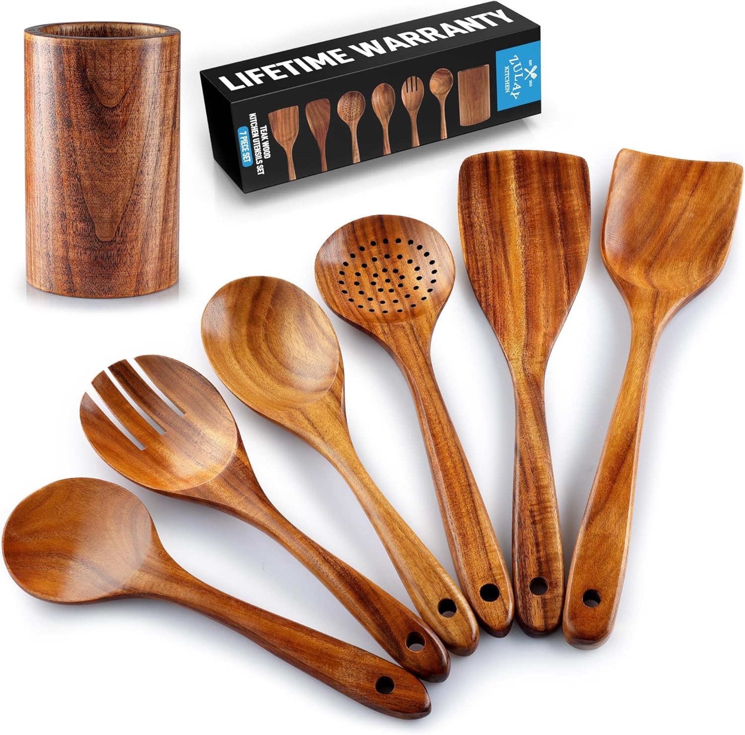 Zulay Kitchen Premium 7-Piece Wooden Spoons for Cooking - Smooth Finish Teak Wooden Utensils for Cooking, Smooth Finish Natural Teak Wood, Non-Stick Wooden Cooking Utensils - Handmade Wooden Utensils