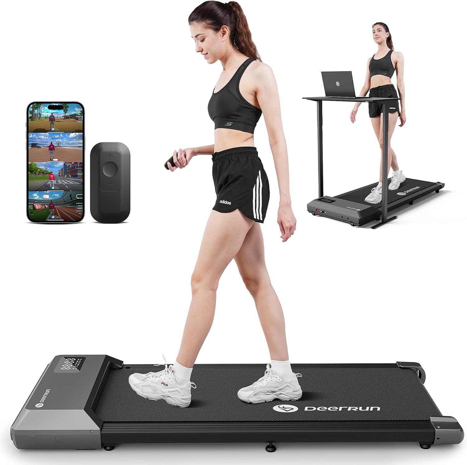 DeerRun Walking Pad, 2024 Upgrade Smart Under Desk Treadmill for Home Office, Quiet Portable Treadmill, APP/Remote Control, LED Display, Installation-Free