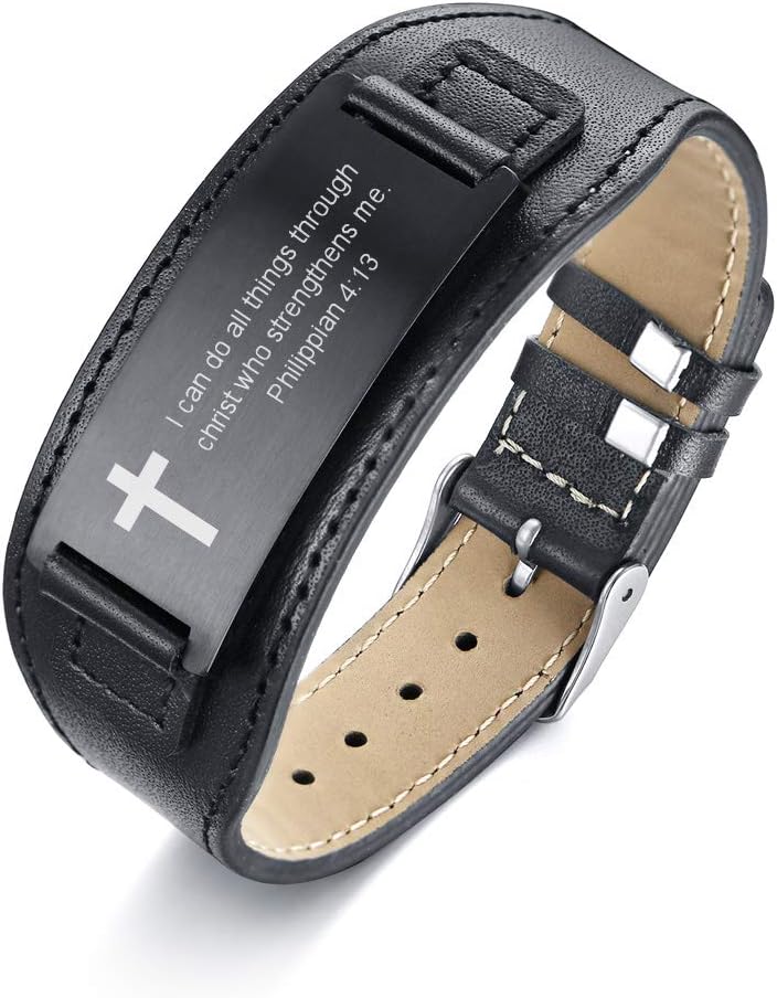 MEALGUET Stainless Steel Black Religious Quote Faith Christian Bible Verse Inspirational ID Wristband Cross Bracelets for Men