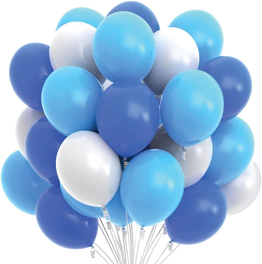 Prextex 75 Party Balloons 12 Inch Dark Blue, Light Blue and White Balloons with Ribbon for Blue White Color Theme Party Decoration, Boy Baby Shower, Birthday Parties Supplies, Helium Quality