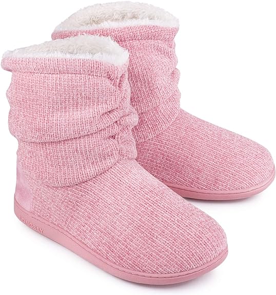 LongBay Women' Chenille Knit Bootie Slippers Cute Plush Fleece Memory Foam House Shoes