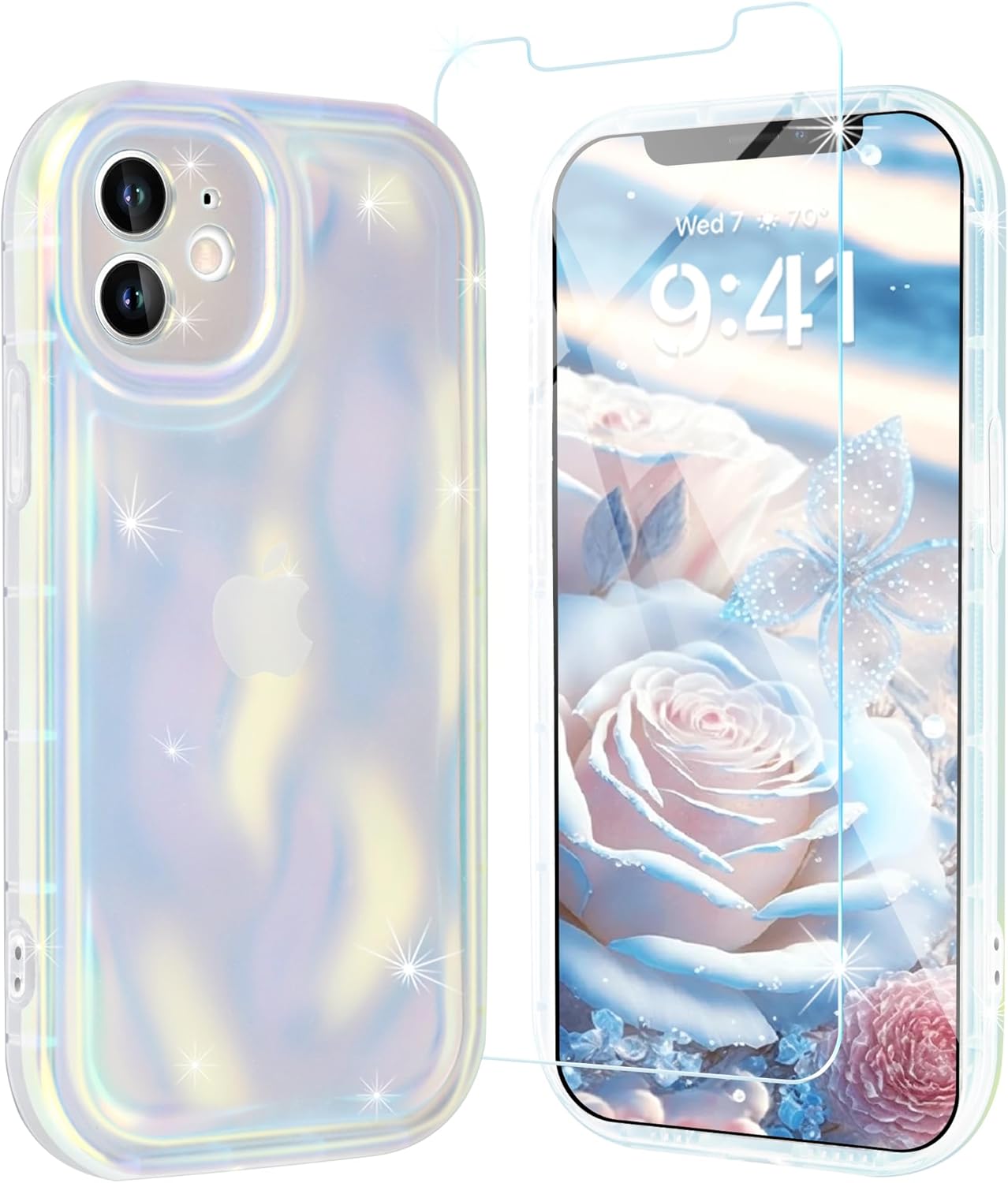 Fingic for iPhone 12 Case[iPhone 12 Clear Glitter Case][with 1*Screen Protector][Cute Laser 3D Water Ripple]Bling Luxury Wave Shape Shockproof Soft TPU Cover Case for Women Girl Slim Phone Case(White)