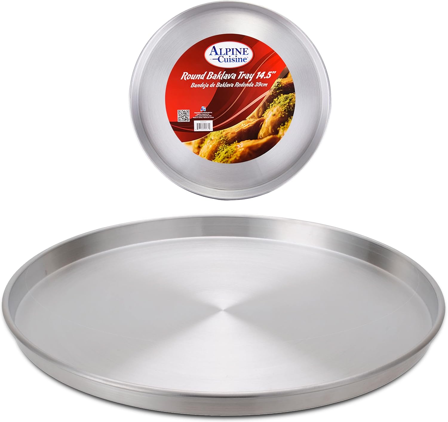 Alpine Cuisine Aluminum Round Baklava Tray 14.5-inch - Bakeware Pizza Cooking Pan for Oven - Durable Round Pizza Tray For Pie Cookie - Healthy & Heavy Duty, Rust Free & Dishwasher Safe