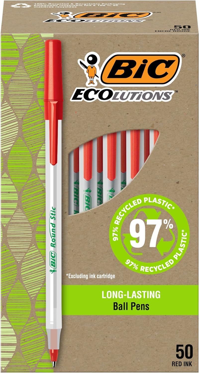 BIC+ReVolution+Round+Stic+Ball+Point+Red+Pens%2c+Medium+Point+(1.0mm)%2c+Made+From+74%25+Recycled+Plastic%2c+Red+Pens%2c+50-Count