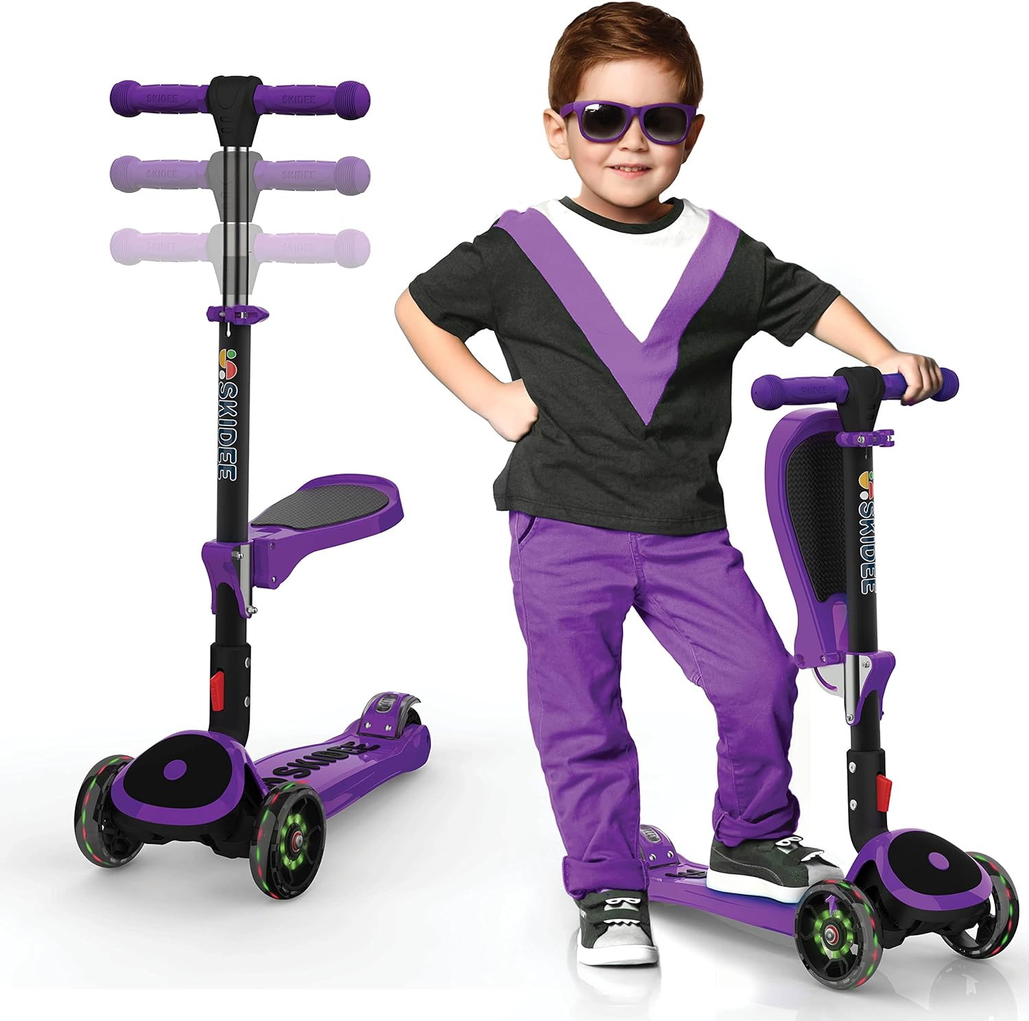 Kick Scooters for Kids Ages 3-5 (Suitable for 2-12 Year Old) Adjustable Height Foldable Scooter Removable Seat, 3 LED Light Wheels, Rear Brake, Wide Standing Board, Outdoor Activities for Boys/Girls