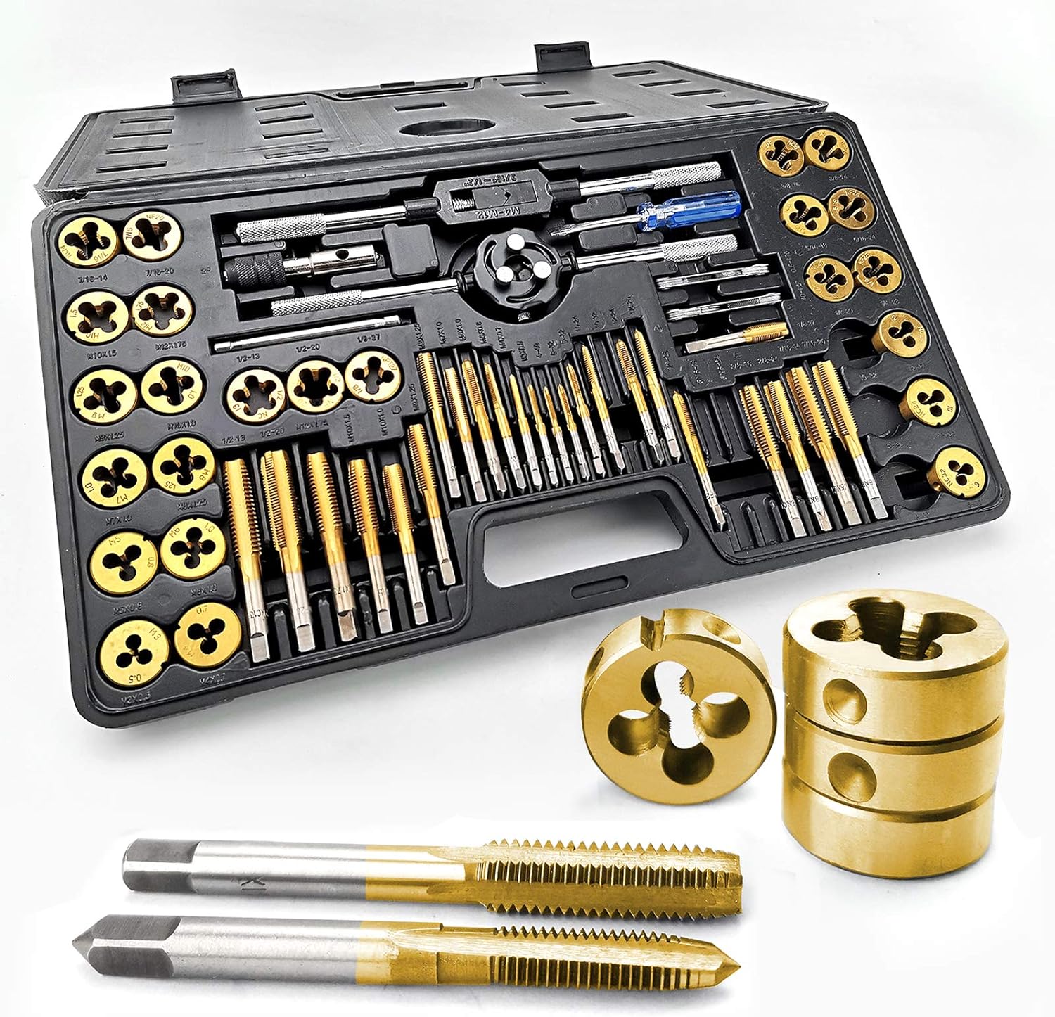 Azuno 60PCS Metric&SAE Tap and Die Set, Titanium Coated GCr15 Bearing Steel with T-Handle/Wrench/Gauge/Screwdriver in Storage Case, Master Threading Toolkit