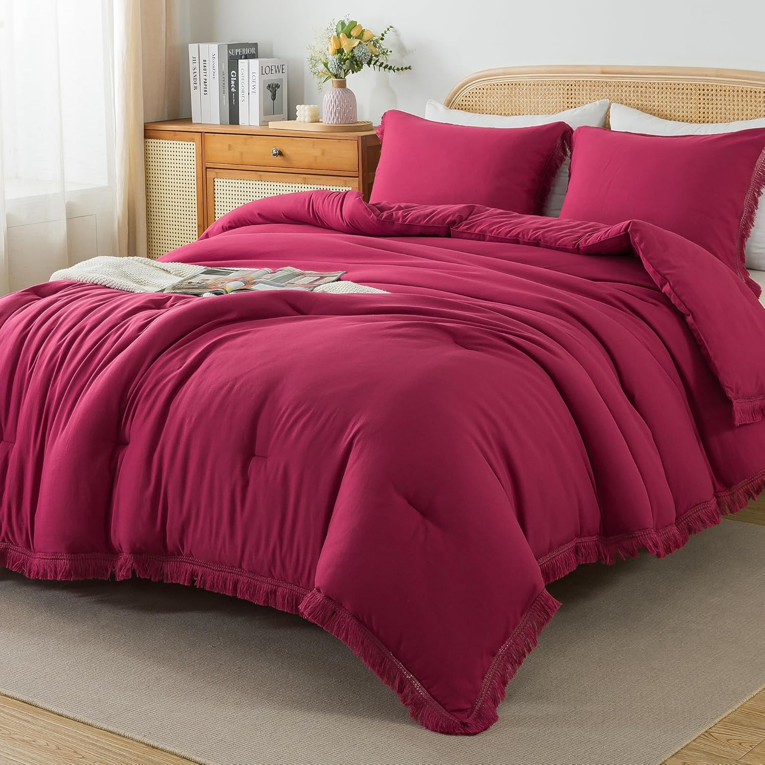 Andency Burgundy Red Tassel Comforter Set Twin(68x90Inch), 2 Pieces(1 boho Comforter, 1 Pillowcase) Farmhouse Shabby Chic Comforter Set, Soft Microfiber Lightweight Fringe Bedding Comforter Set