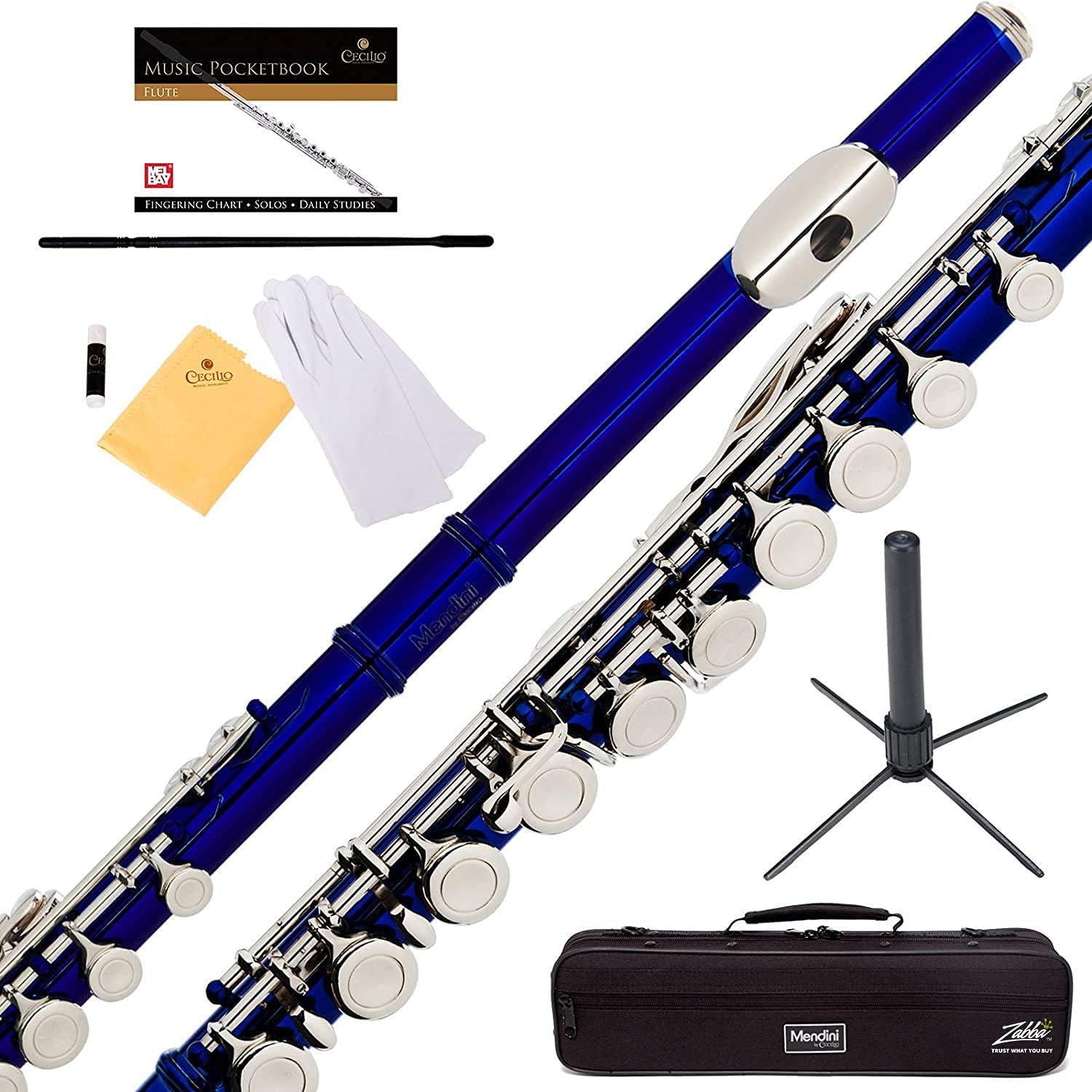 Mendini By Cecilio Flutes - Closed Hole C Flute For Beginners, 16-Key Flute with a Case, Stand, Lesson Book, and Cleaning Kit, Musical Instrument for Kids, Blue Flute