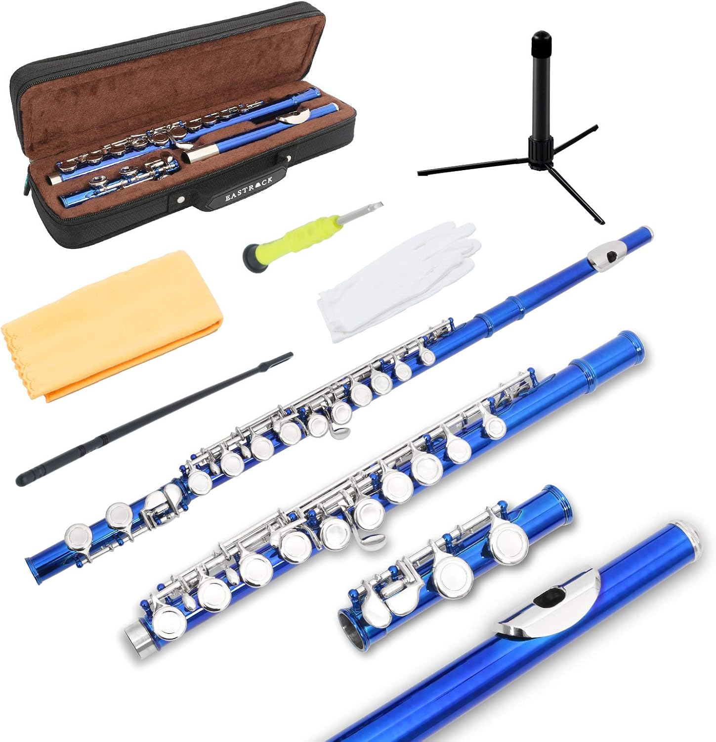 EASTROCK Closed Hole Flutes C 16 Key for Beginner, Kids, Student -Silver Nickel Flute with Case Stand and Cleaning kit (Blue)