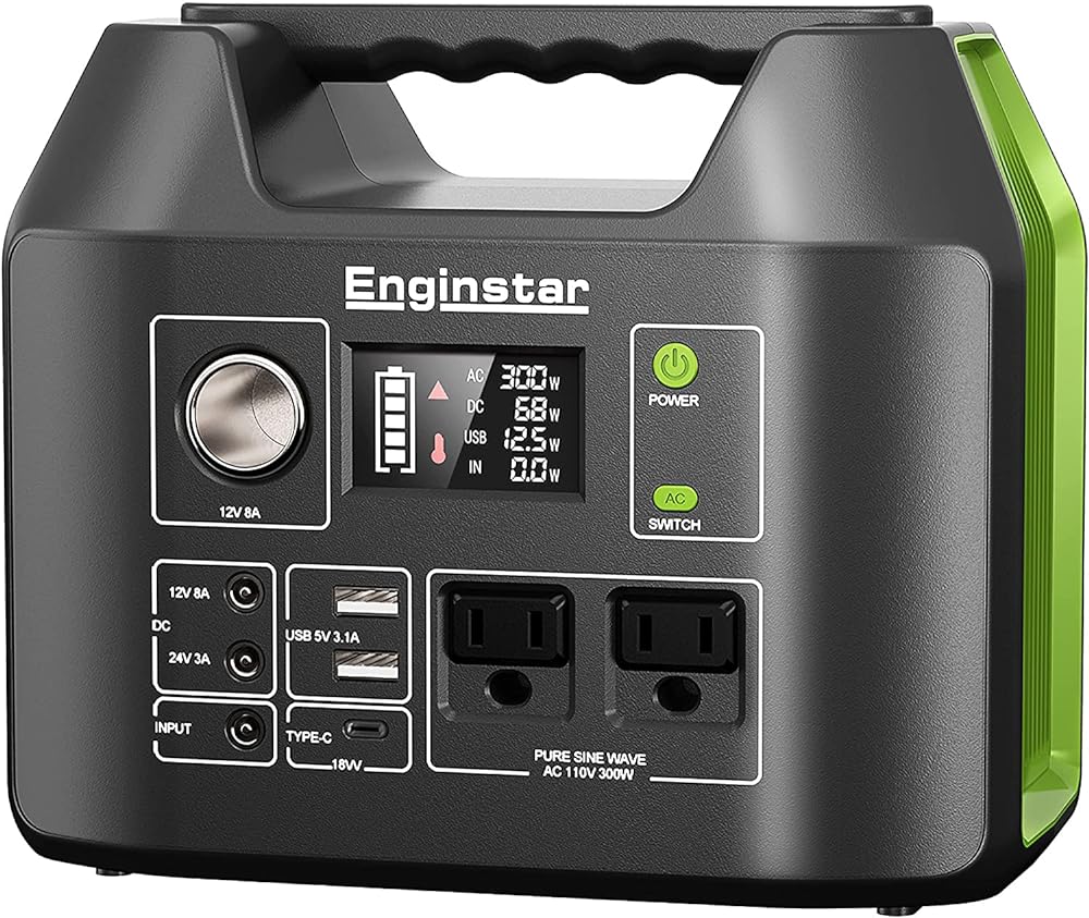 EnginStar Solar Generator, 300W Portable Power Station, 296Wh Lithium Battery Backup w/Two 110V Pure Sine Wave AC Outlet for Camping Road Trip RV, 80000mAh Sufficient Power Supply for Blackout