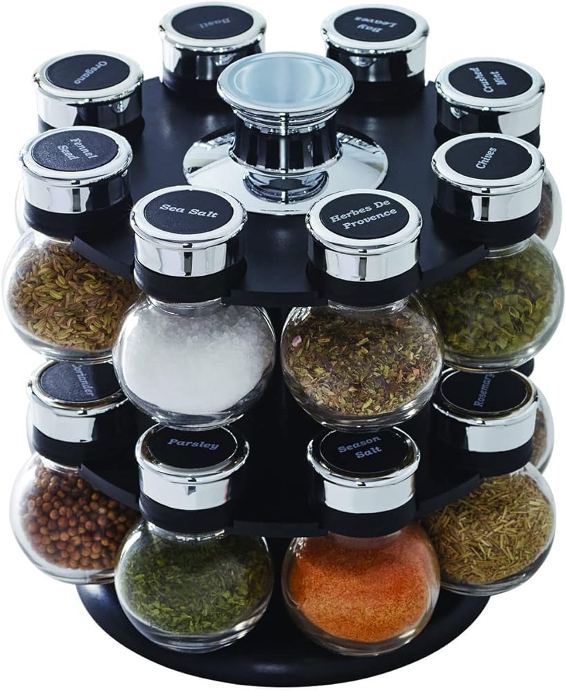 Kamenstein 16 Jar Ellington Revolving Countertop Spice Rack with Lift &amp; Pour Caps and Spices Included, FREE Spice Refills for 5 Years: Black and Chrome