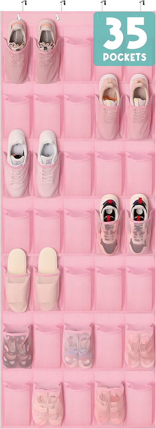 Over The Door Shoe Organizers Pink with 35 Mesh Pockets Baby Organizer Storage Hanging Shoe Organizer Shoe Holder Rack For Toddler Girl Room Baby Room Craft Room Bedroom Pantry Bathroom Closet