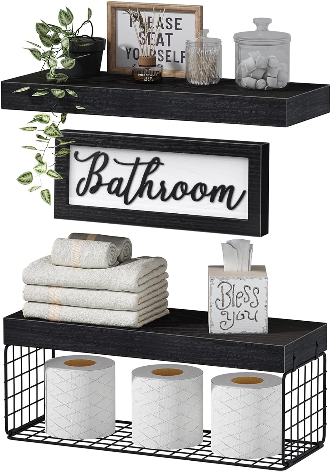 Purchase this three-piece set for a small bathroom remodel over the toilet. Absolutely easy installation and works perfectly with all our colors. Highly recommend this adorable farmhouse bathroom set.