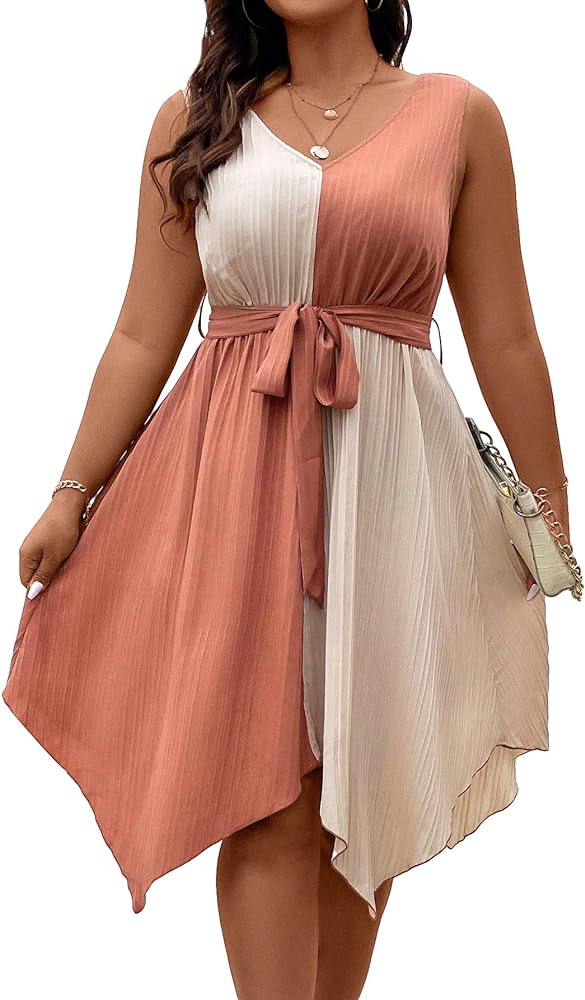 SOLY HUX Women's Plus Size Color Block Dress V Neck Sleeveless A Line Asymmetrical Hem Belted Dresses