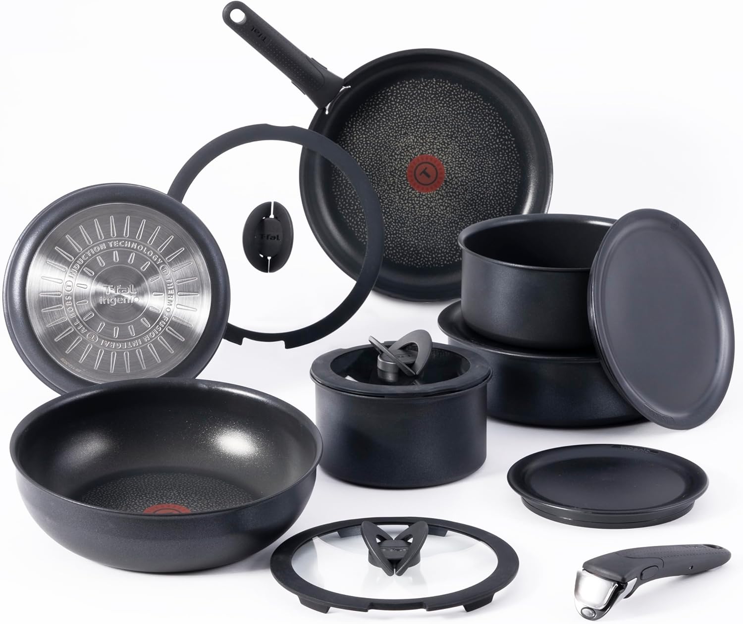 T-fal Ingenio Expertise Non Stick Cookware Set 14 Piece, Induction Oven Broiler Safe 500F, Detachable/ Removable Handle, Kitchen, Pots and Pans, RV, Camping, Fry Pans, Saucepans, Dishwasher Safe Black