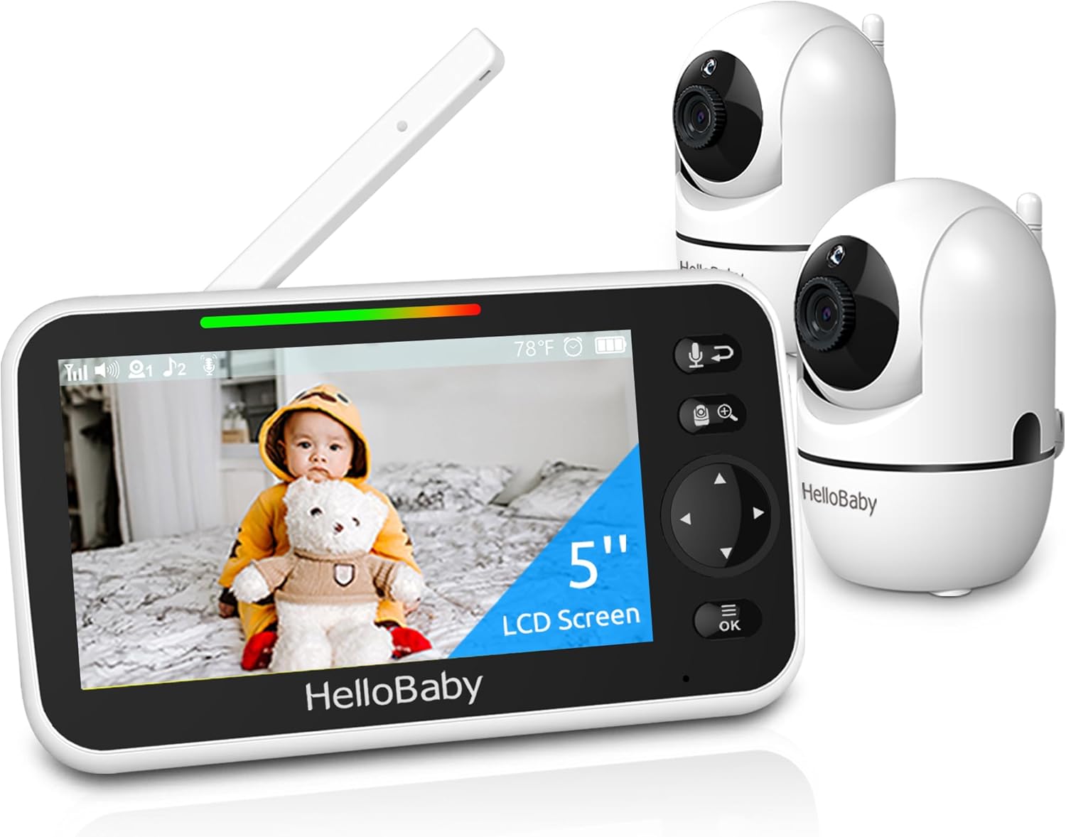 HelloBaby 5 Baby Monitor with 26-Hour Battery, 2 Cameras Pan-Tilt-Zoom, 1000ft Range Video Audio Baby Monitor No WiFi, VOX, Night Vision, 2-Way Talk, 8 Languages and Baby Registry Search