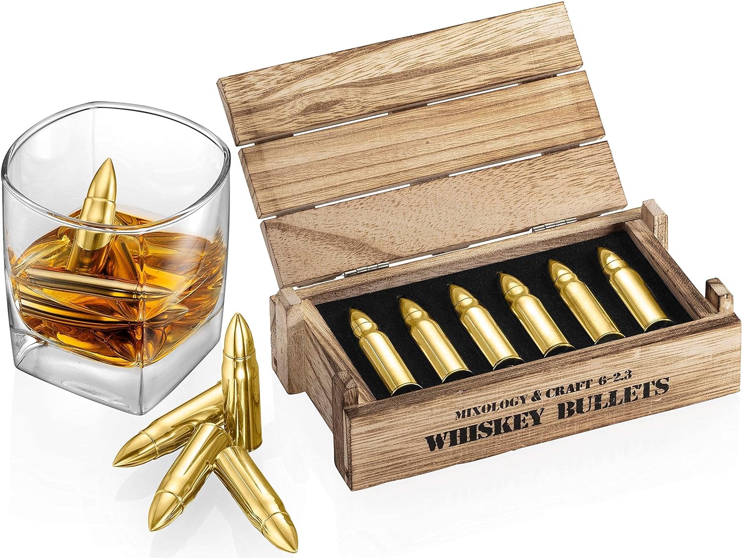 The packaging is careful and well thought out, and the product is true to photo. The whiskey stones are of amazing quality and clean easily. Our package came with some extraneous glue, but taking it off the stones is more than easy.