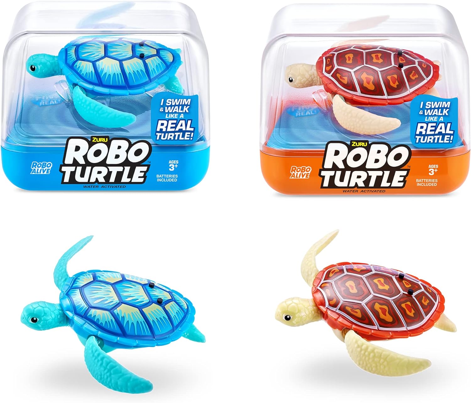 ROBO ALIVE Robo Turtle Robotic Swimming Turtle (Orange   Blue) by ZURU Water Activated, Comes with Batteries, Amazon Exclusive (2 Pack)