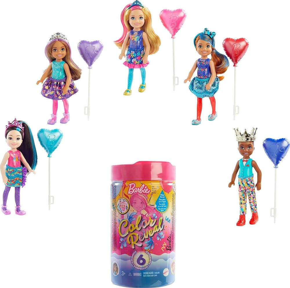 Barbie Chelsea Color Reveal Doll with 6 Surprises: 4 Bags Contain Skirt or Pants, Shoes, Tiara & Balloon Accessory; Water Reveals Confetti-Print Dolls Look & Color Change on Hair; 3 Year Olds & Up