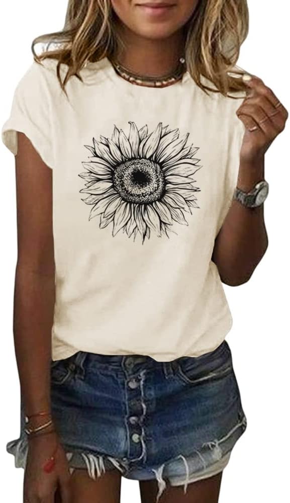 Cicy Bell Women's T Shirts Short Sleeve Tees Sunflower Graphic Loose Summer Tops