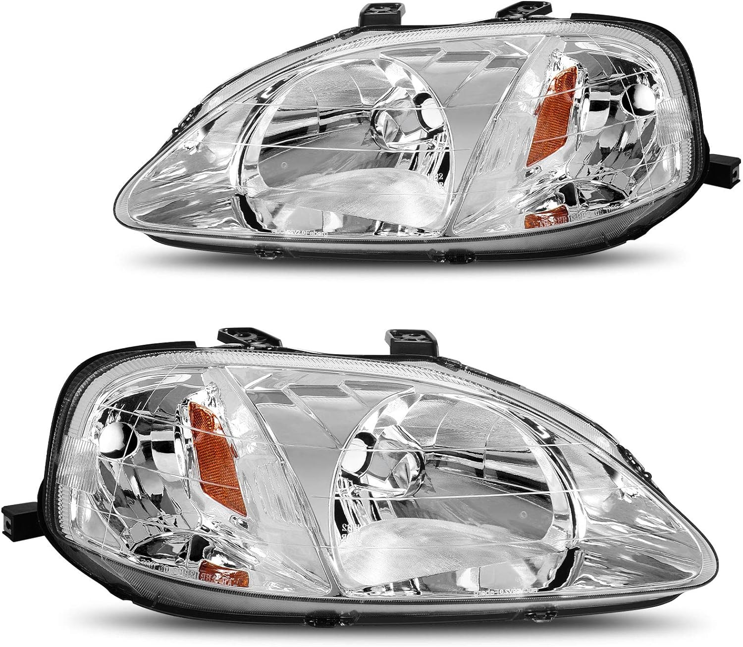 DWVO Headlight Assembly Compatible with 99 00 1999 2000 Civic Headlamps (Chrome Housing Clear Lens Amber Reflector)
