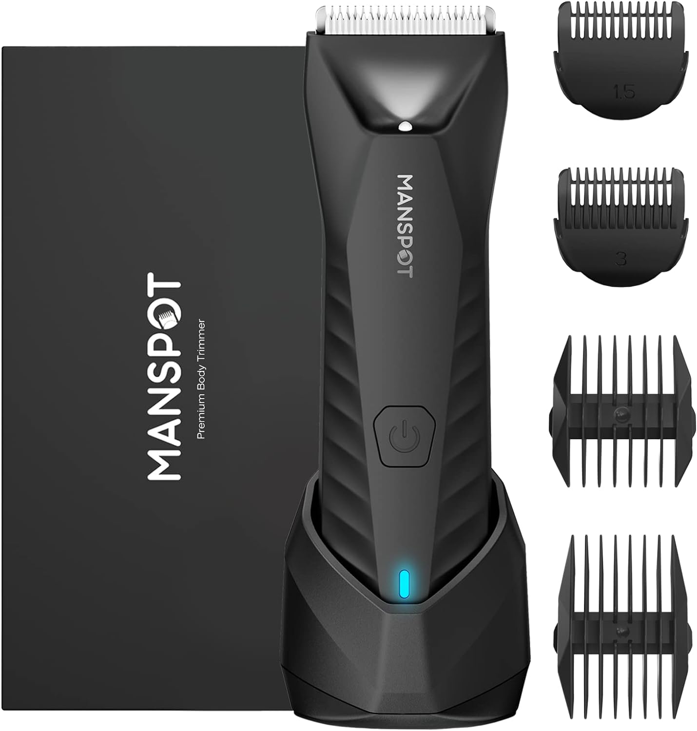 MANSPOT Manscape Body & Pubic Hair Trimmer for Men, Electric Groin Hair Trimmer, Replaceable Ceramic Blade Heads,Waterproof for Wet/Dry Use,Standing Recharge Dock,90 Minutes Shaving(Black)